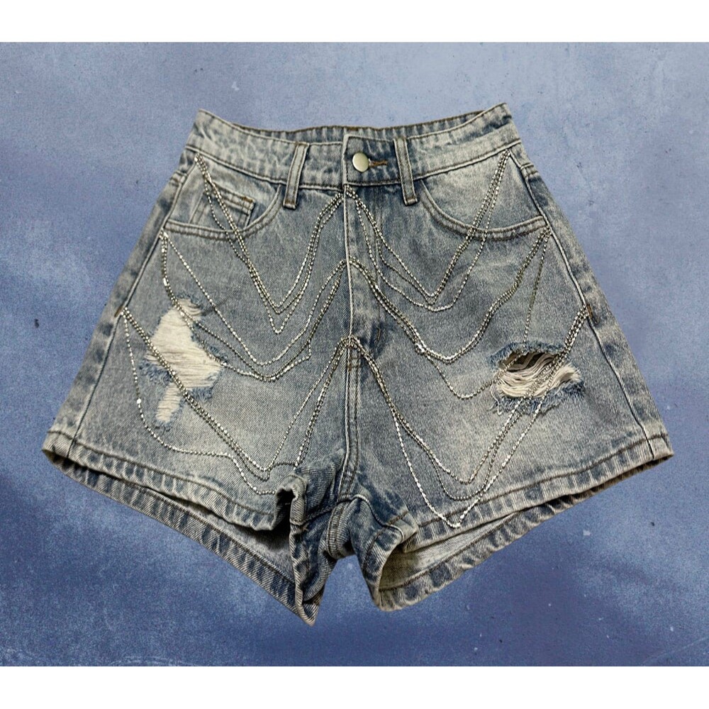 Windsor Silver Rhinestone Distressed Denim Shorts - Blue Wash S